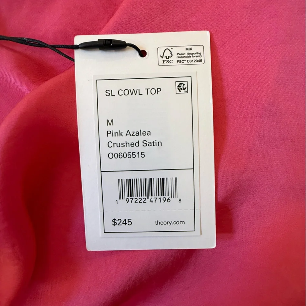 NWT Theory Sleeveless Draped Satin Cowlneck Pink Azalea Shell Size Medium - Picture 9 of 9